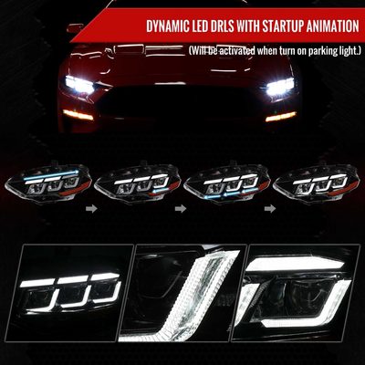 For Ford Mustang 2018-2023 Full LED Projector Headlights Sequential Start Up Black Housing Clear Lens