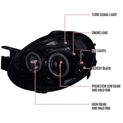 2003-2005 Dodge Neon Dual Halo Projector Headlights Glossy Black/Smoke Lens
