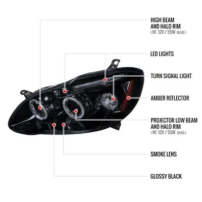 2003-2008 Toyota Corolla Dual Halo Projector Headlights Glossy Black/Smoke