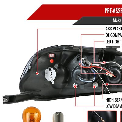 1996-1998 Honda Civic Projector Headlights R8 LED Light Black/Smoke Lens