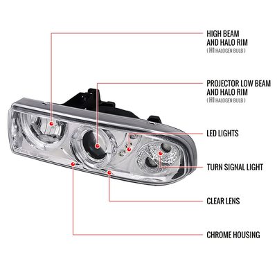 1998-2004 Chevy S10 Blazer Dual Halo Projector Headlights Bumper Lights Chrome