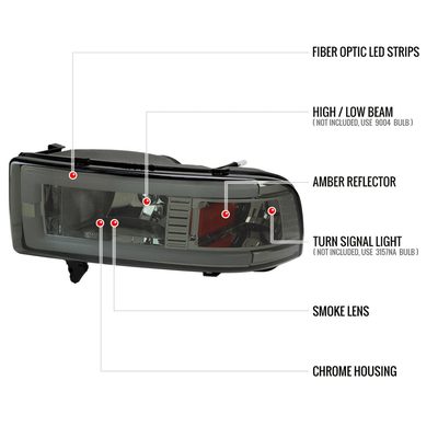 1994-2001 Dodge RAM 1500/ RAM 2500/3500 Dual LED Bar Factory Headlights Smoke