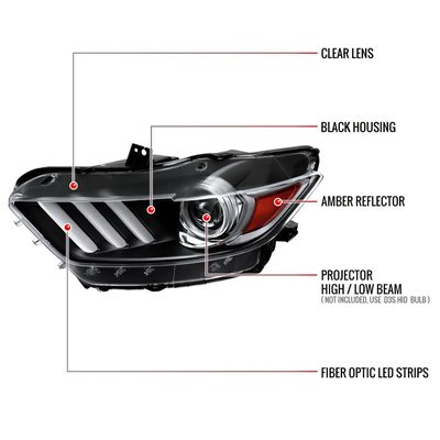 2015-2017 Ford Mustang / 18-2020 Shelby Strip LED Xenon HID Headlights Black