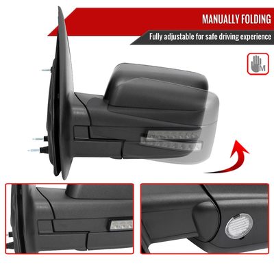 2007-2014 Ford F150 Black Heated Side Mirrors LED Turn Signal & Puddle Light