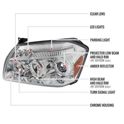 2005-2007 Dodge Magnum Dual Halo Projector Headlights Chrome/Clear Lens