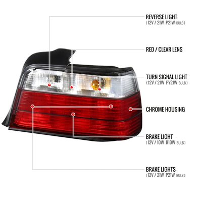 1992-1998 BMW E36 3 Series Sedan Tail Lights Chrome Housing/Red Clear Lens