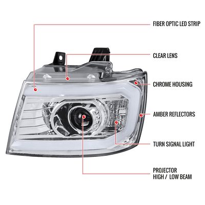 2007-2013 Chevy Avalanche/ 07-2014 Tahoe Suburban LED C-Bar Headlights Chrome