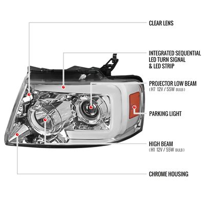 2004-2008 Ford F-150/ 06-2008 Lincoln Mark LT LED Switchback Headlights Chrome