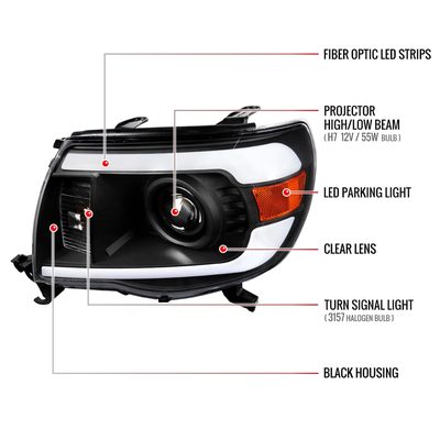 2005-2011 Toyota Tacoma LED Bar Projector Headlights Matte Black/Clear Lens
