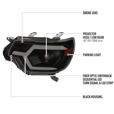 2012-2015 Toyota Tacoma Sequential LED Bar Projector Headlights Matt Smoke