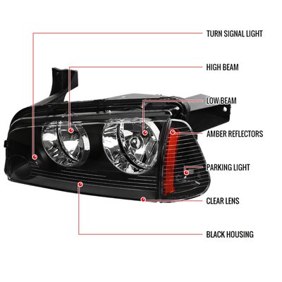 2006-2010 Dodge Charger Factory Headlights w/Corner Lights Matt Black/Clear