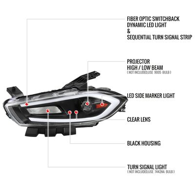 2013-2016 Dodge Dart Sequential Animated LED Bar Projector Headlights Black