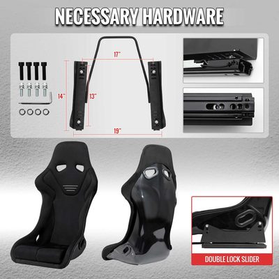 Universal Bucket Racing Seat Fiber Glass Black Suede Double Silver Stitch