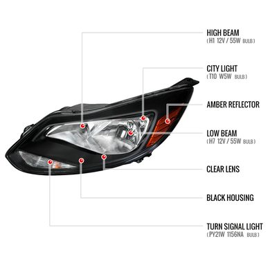 2012-2014 Ford Focus Factory Headlights w/Amber Reflectors Matt Black/Clear