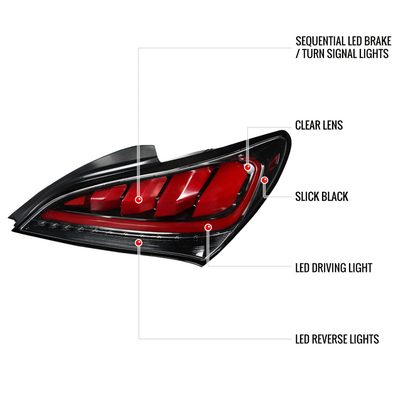 2010-2016 Hyundai Genesis Coupe Red Bar LED Tail Lights Jet Black/Clear
