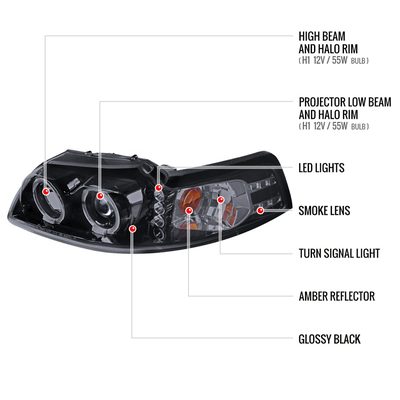 1999-2004 Ford Mustang Dual Halo Projector Headlights Glossy Black/Smoke Lens