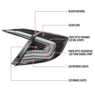 2016-2021 Honda Civic Sedan LED Tail Lights Signal Lamps Matt Black/Clear Lens