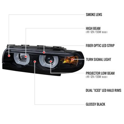 1995-2001 BMW E38 7 Series LED Bar Dual Halo Projector Headlights Black/Smoke
