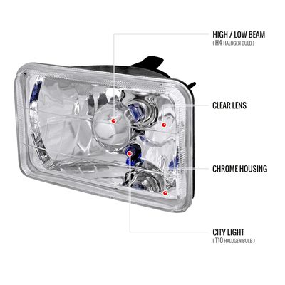 Universal 4"x6" H4 Crystal Headlights Chrome Housing/Glass Lens