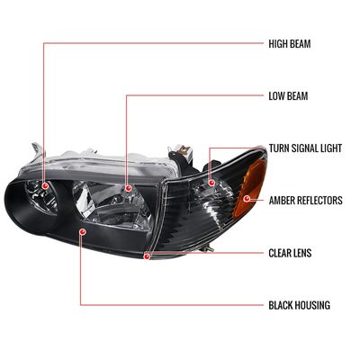 2001-2002 Toyota Corolla Factory Headlights w/Corner Lights Matt Black/Clear