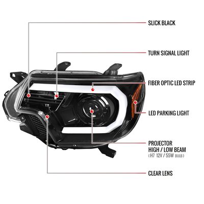2012-2015 Toyota Tacoma LED C-Bar Projector Headlights Jet Black/Clear Lens