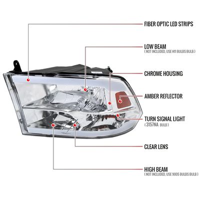 2009-2019 Dodge Ram 1500 2500 3500 Quad Headlights w/LED Tube Chrome/Clear