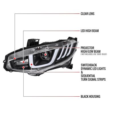 2016-2021 Honda Civic Projector Headlights LED Sequential Turn Signal Black