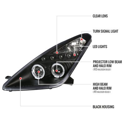 2000-2005 Toyota Celica Dual Halo Projector Headlights Matte Black/Clear Lens