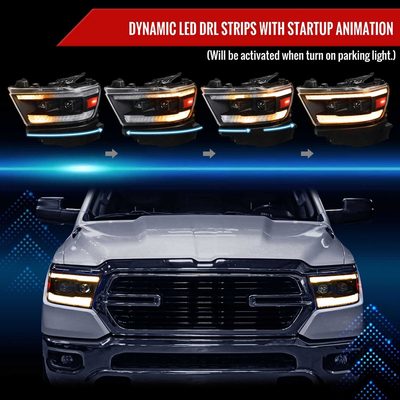 For Dodge RAM 1500 2019-2024 LED Headlights Turn Signals LED Pulsing Glow Matte Black Housing Clear Lens