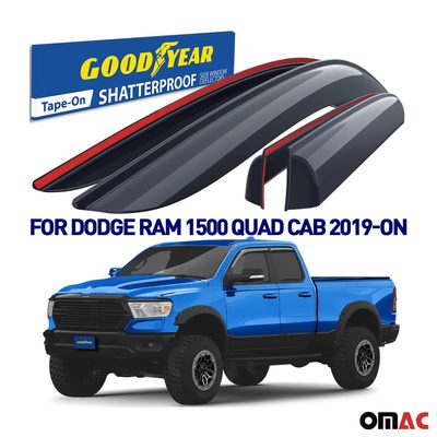 Goodyear Wind Deflectors for Dodge Ram 1500 2019-2025 Quad Cab Tape-On Smoke 4x