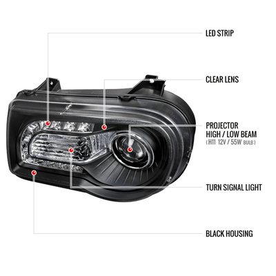 2005-2010 Chrysler 300 Projector Headlights w/LED Light Strip Matt Black/Clear