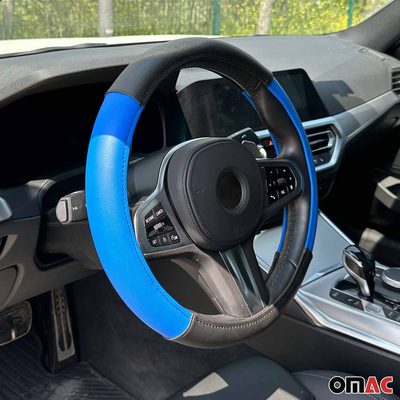 14.5-15.5’’ Steering Wheel Cover Blue Black Leather Anti-slip Breathable