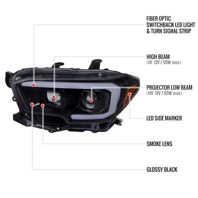 2016-2023 Toyota Tacoma Switchback LED C-Bar Projector Headlights Black/Smoke