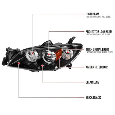 2004-2009 Mazda 3 Sedan Projector Style Headlights Matte Black/Clear Lens