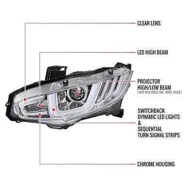 2016-2021 Honda Civic Projector Headlights LED Sequential Turn Signal Chrome