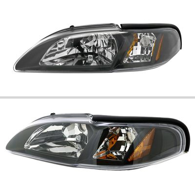 1994-1998 Ford Mustang 1PC Crystal Headlights Amber Reflectors Matt Black