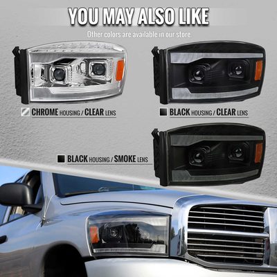 For Dodge RAM 1500 2006-08 / RAM 2500 3500 2006-09 Headlights Switchback Amber LED Strips Turn Signals DRL Black Housing Clear Lens