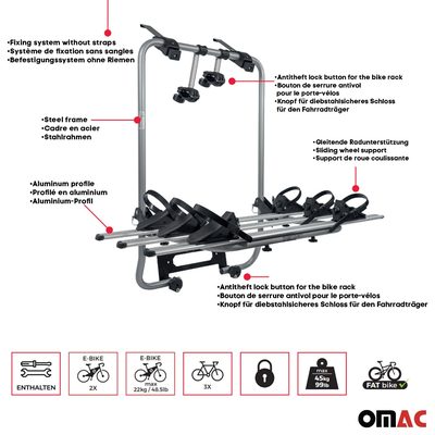 2018-2024 VW Tiguan Allspace 3 Bike Rack Carrier Hitch Mount Black 1Pc
