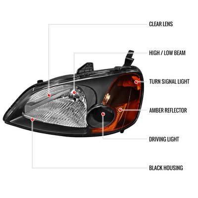 2001-2003 Honda Civic Factory Style Headlights Matte Black/Clear Lens