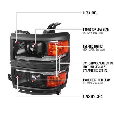2014-2015 Chevy Silverado 1500 LED Bar Projector Headlights Black/Black Trim