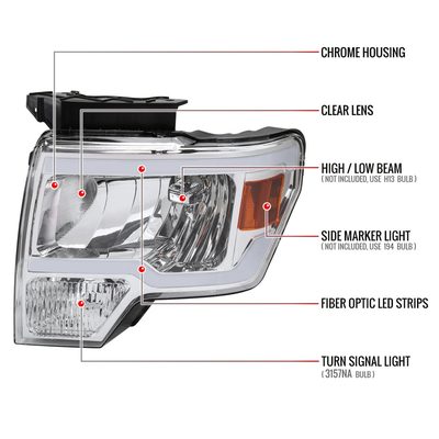 2009-2014 Ford F-150 LED Tube Factory Style Headlights Chrome/Clear Lens