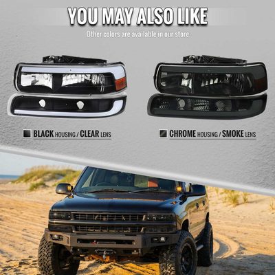 For Chevrolet Silverado Tahoe Suburban 1999-2002 LED Bar Style Headlights Bumper Light Chrome Housing Smoked Lens