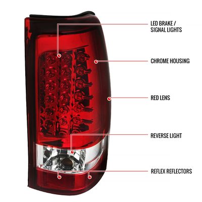 1999-2002 Chevy Silverado/ 1999-2006 GMC Sierra LED Tail Lights Chrome/Red Clear