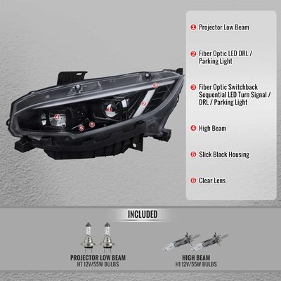 For Honda Civic 2016-2021 Projector Headlights Sequential DRL Jet Black Housing Clear Lens