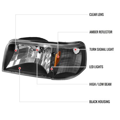 1993-1997 Ford Ranger Factory V2 Headlights w/Corner Lights Matt Black/Clear