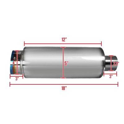 Universal 2.5" Inlet/4" Outlet S. Steel Muffler w/ Fireball Style Burnt Tip
