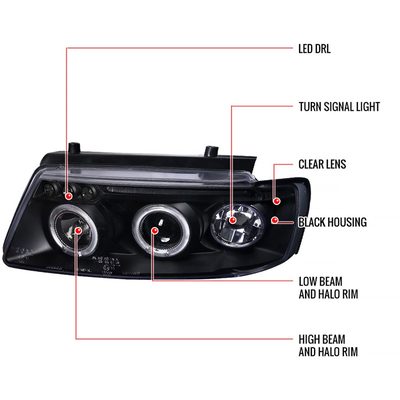 1997-2000 VW Passat Dual Halo Projector Headlights Matte Black/Clear Lens