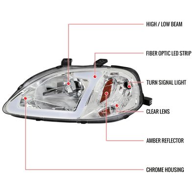 1999-2000 Honda Civic Coupe/SD LED Bar Factory Style Headlights Chrome/Clear