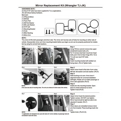 1997-2018 Jeep Wrangler TJ JK Quick Release Black Steel Round Side Mirrors