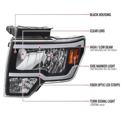 2009-2014 Ford F-150 LED Tube Factory Style Headlights Matte Black/Clear Lens